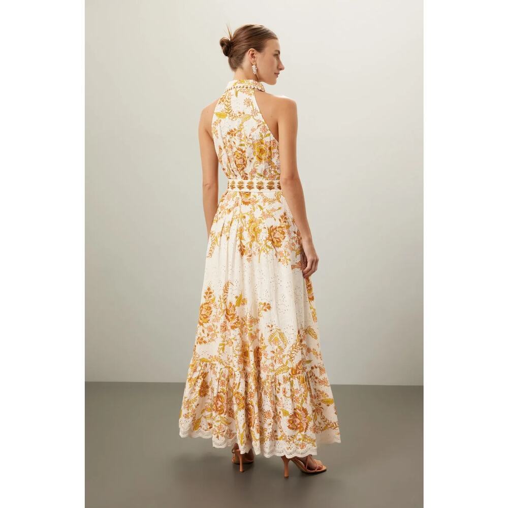 Hemant & Nandita Tora Shirt Dress Floral Eyelet Sleeveless Maxi White Yellow M - Picture 2 of 10